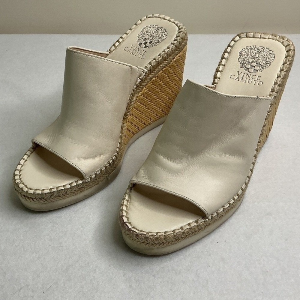 Vince Camuto Brissia Cream Leather Espadrille Wedge Sandals Womens 8.5M